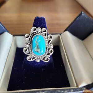 Vintage Navajo Sterling Silver Ring With Turquoise Stone & Ornate Design Size 6